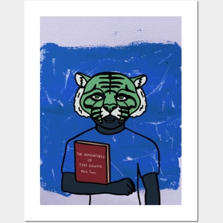 Expressive Male Character with Animal Mask and Green Eyes Reading a Blue Book Posters and Art